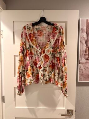 Show Me Your MuMu Floral Ruffled V-Neck Blouse - Pink, Orange & Green